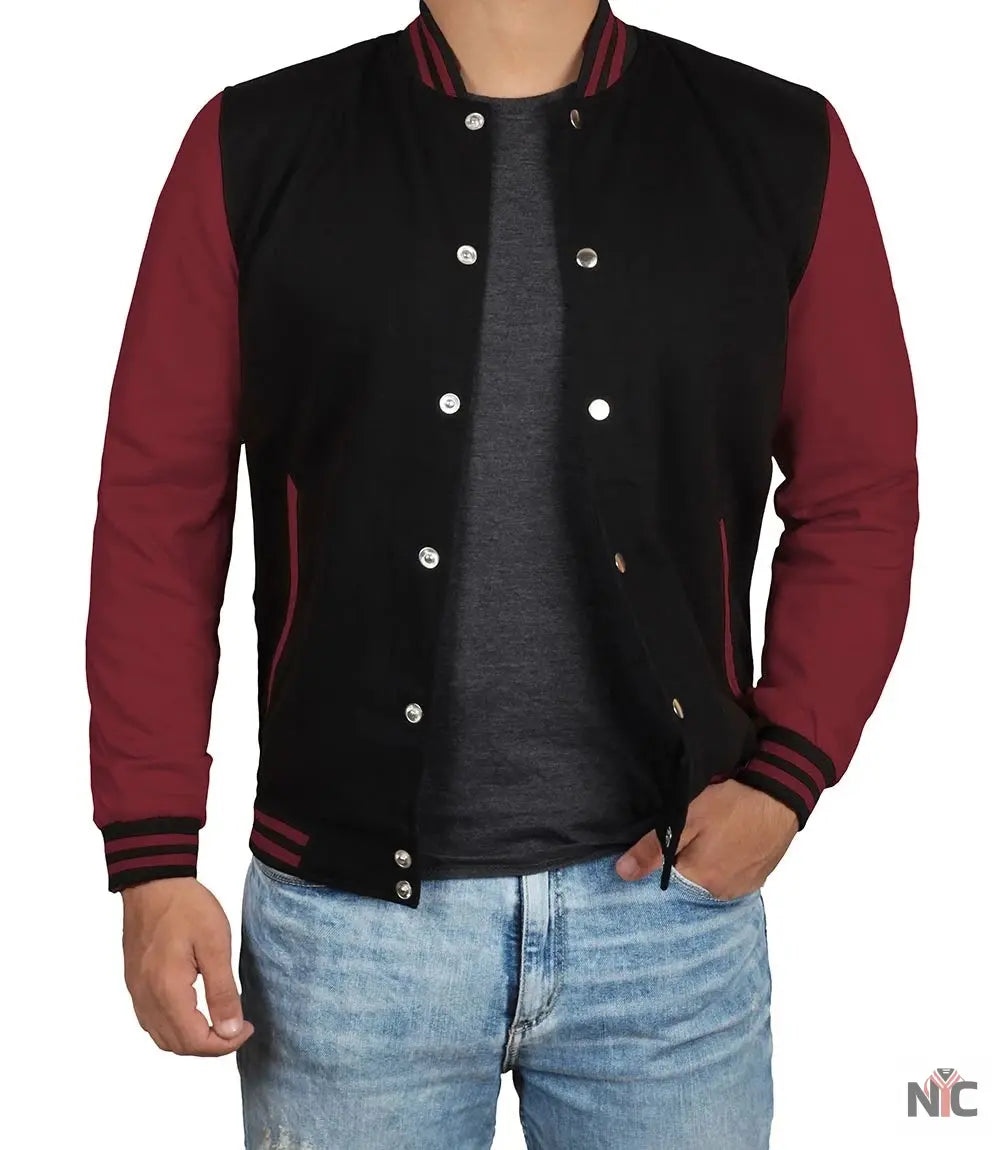 Men's Black & Maroon Varsity Jacket - Bomber Letterman Style