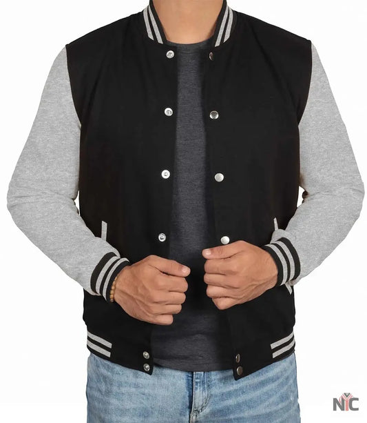 Men's Black and Grey Varsity Bomber Jacket