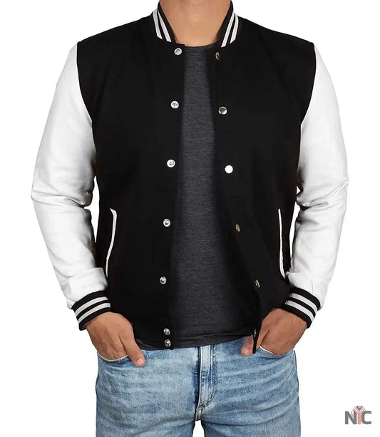 Men's Black and White Varsity Jacket - College Baseball Style