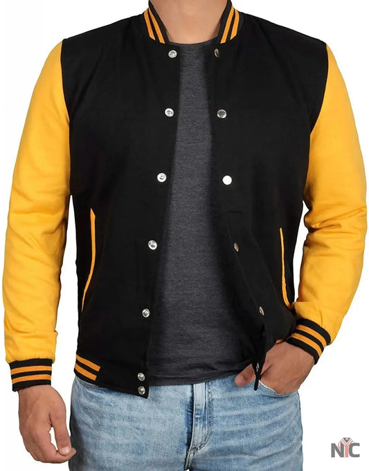Men's Black and Yellow Varsity Bomber Jacket - Baseball Letterman Style