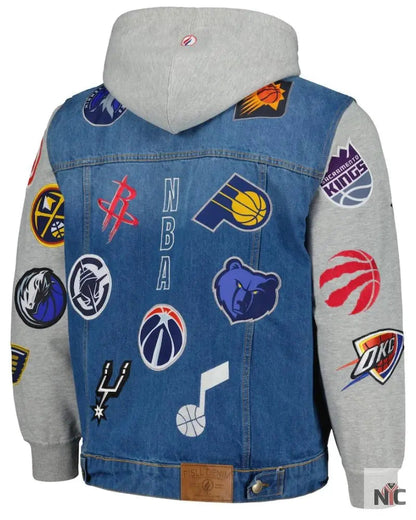 Men’s FISLL Blue/Gray NBA All Teams Full-Button Hoodie Denim Jacket