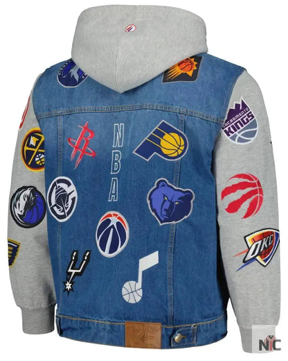 Men’s FISLL Blue/Gray NBA All Teams Full-Button Hoodie Denim Jacket