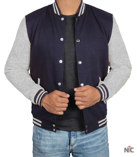 Men's Grey and Blue Varsity Jacket - Bomber Letterman Style