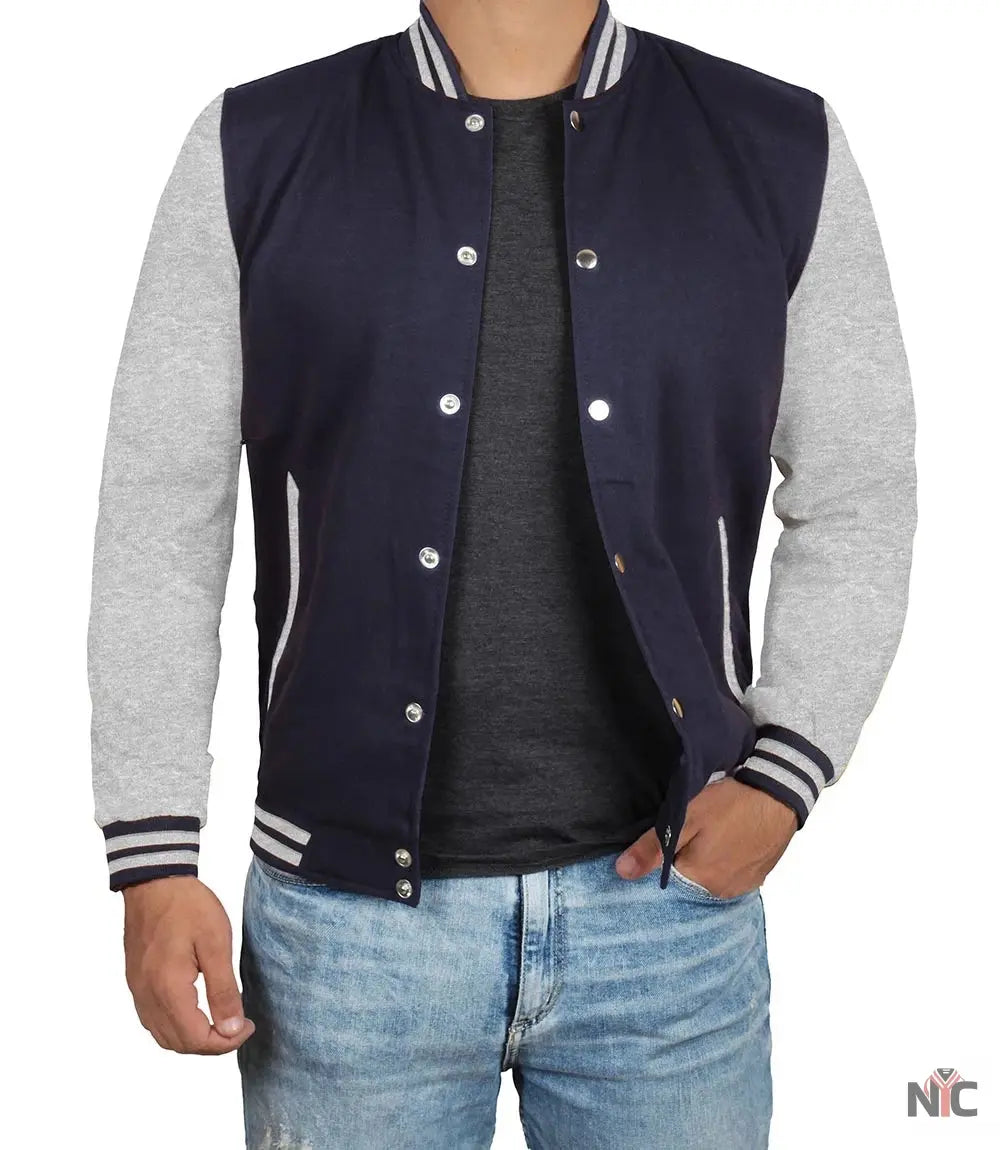 Men's Grey and Blue Varsity Jacket - Bomber Letterman Style