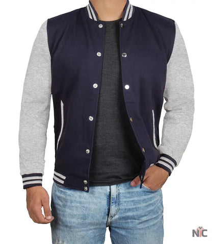 Men's Grey and Blue Varsity Jacket - Bomber Letterman Style
