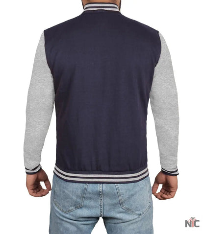 Men's Grey and Blue Varsity Jacket - Bomber Letterman Style