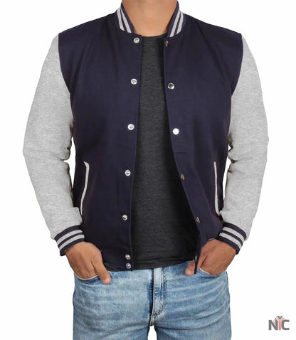 Men's Grey and Blue Varsity Jacket - Bomber Letterman Style