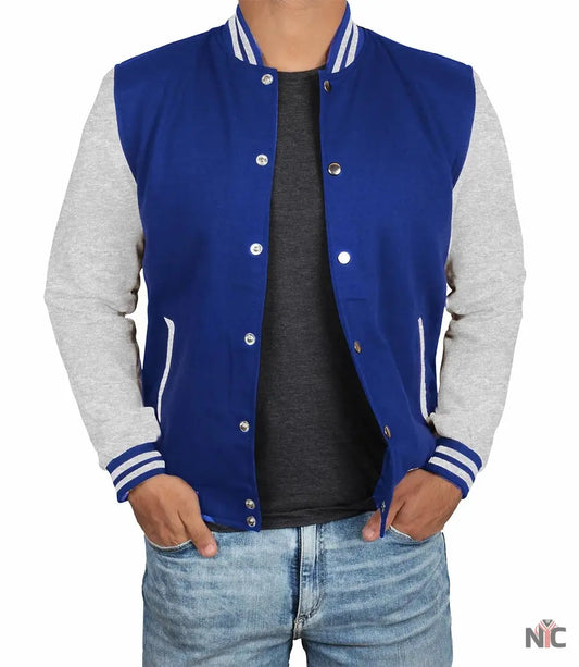 Men's Grey and Royal Blue Varsity Jacket - Letterman Style