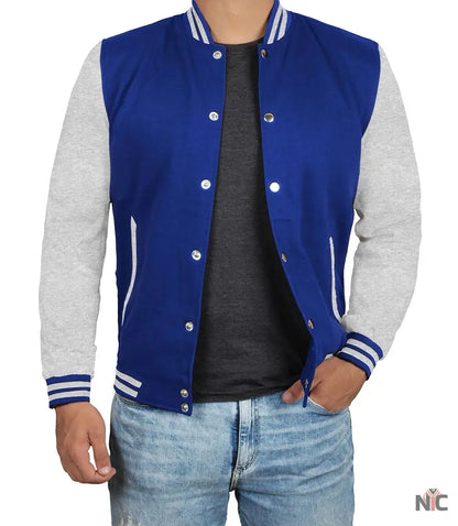 Men's Grey and Royal Blue Varsity Jacket - Letterman Style