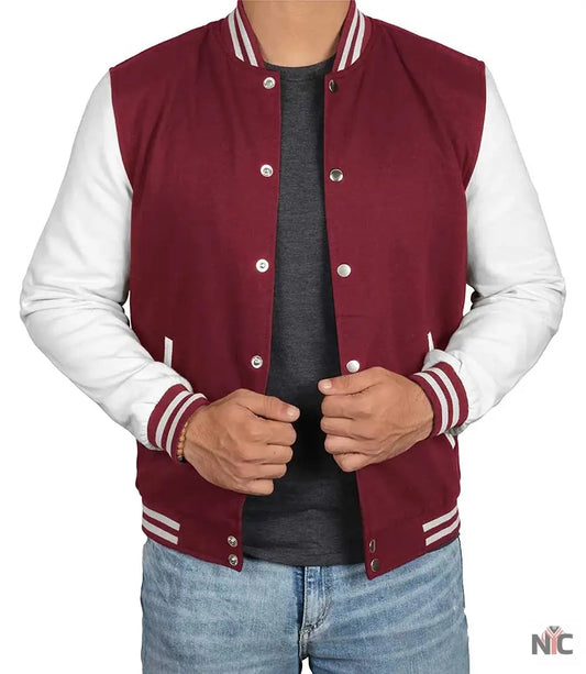 Men's Maroon and White Varsity Jacket - Letterman Bomber Style