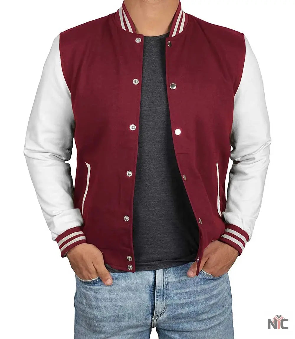 Men's Maroon and White Varsity Jacket - Letterman Bomber Style