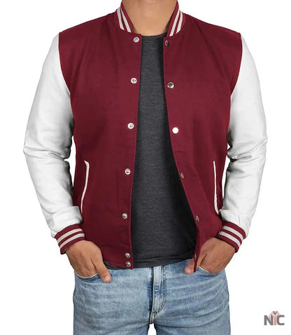 Men's Maroon and White Varsity Jacket - Letterman Bomber Style
