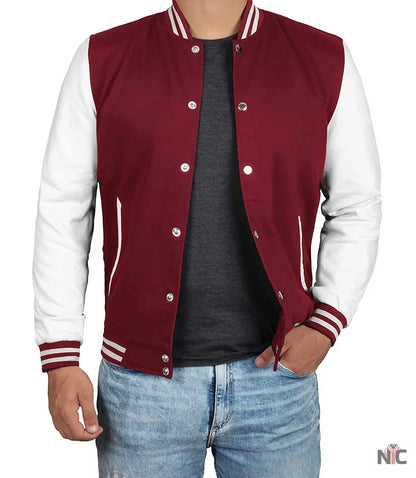 Men's Maroon and White Varsity Jacket - Letterman Bomber Style