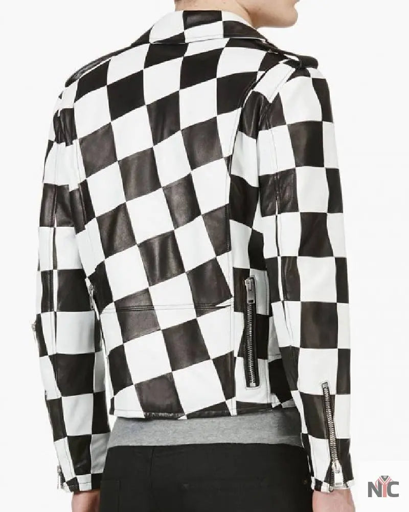 Men’s Motorcycle Checkerboard Leather Jacket