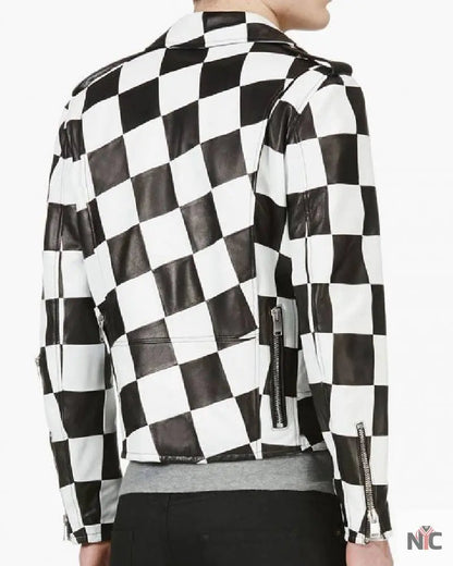 Men’s Motorcycle Checkerboard Leather Jacket