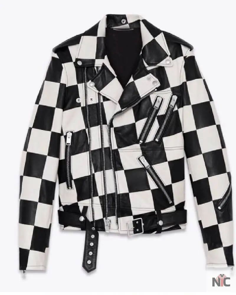 Men’s Motorcycle Checkerboard Leather Jacket