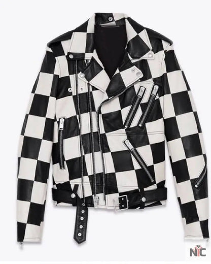 Men’s Motorcycle Checkerboard Leather Jacket
