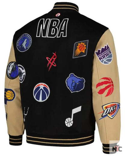 Men’s NBA FISLL Black/Khaki All Logo Aviator Wool Varsity Jacket