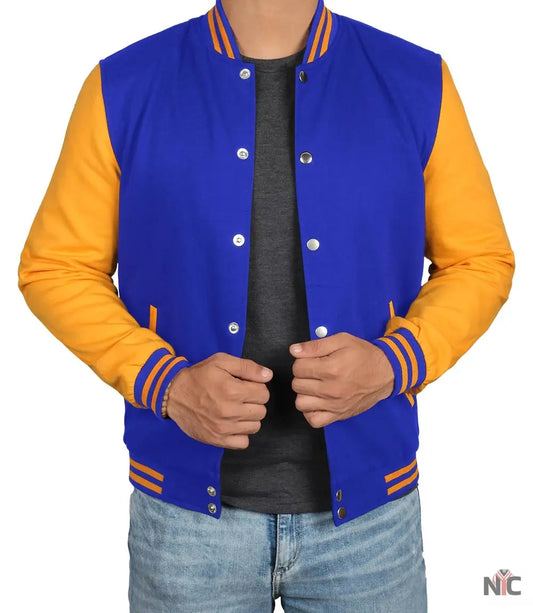 Men's Plain Blue and Yellow Varsity Letterman Jacket