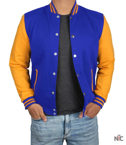Men's Plain Blue and Yellow Varsity Letterman Jacket