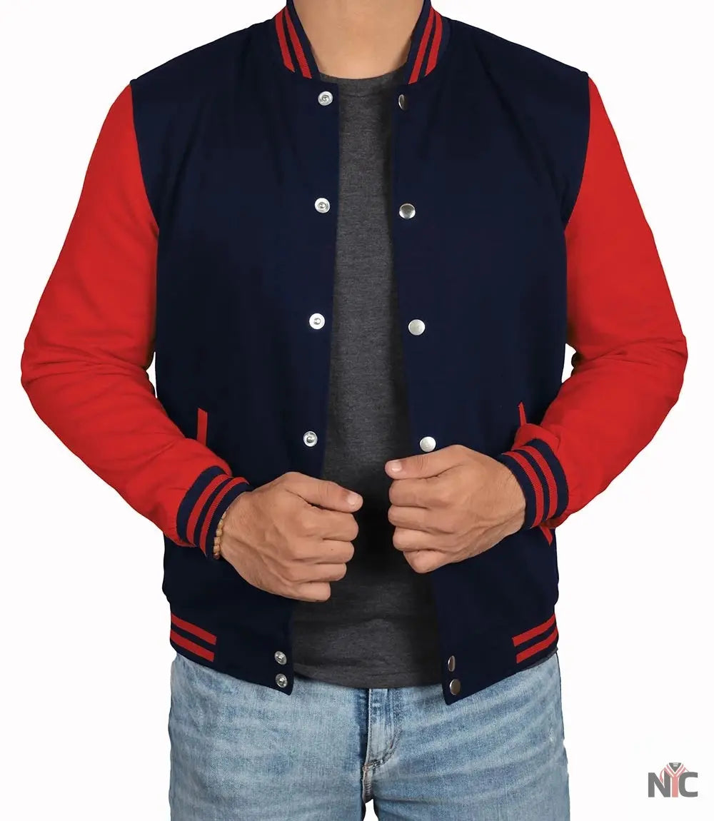 Men's Red and Navy Blue Varsity Jacket - Baseball Bomber Style