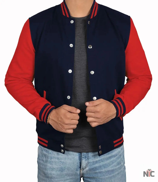 Men's Red and Navy Blue Varsity Jacket - Baseball Bomber Style