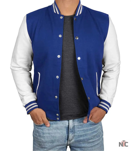 Men's Royal Blue & White Varsity Jacket - Classic Baseball Bomber Style