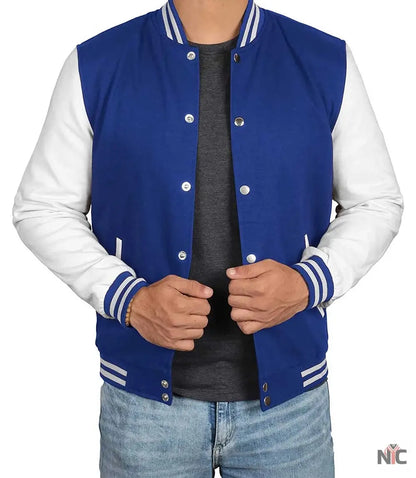 Men's Royal Blue & White Varsity Jacket - Classic Baseball Bomber Style