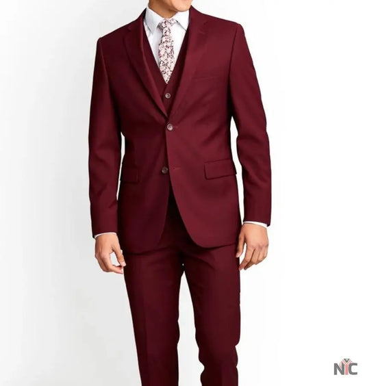 Men's Three-Piece Slim Fit Maroon Suit - Wedding Suit for Men