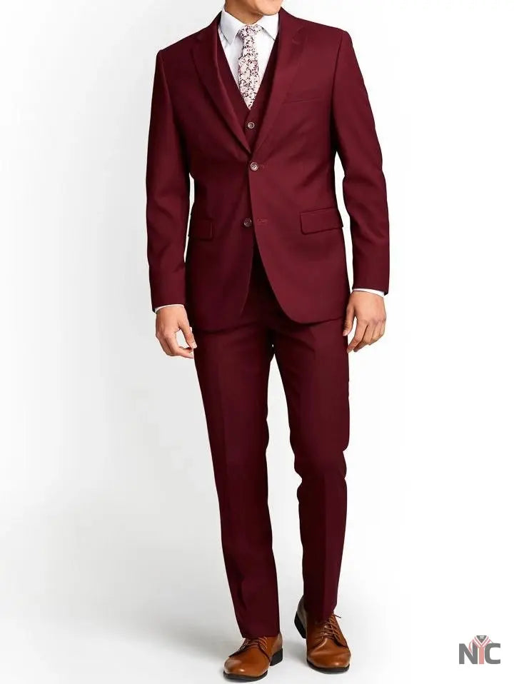 Men's Three-Piece Slim Fit Maroon Suit - Wedding Suit for Men