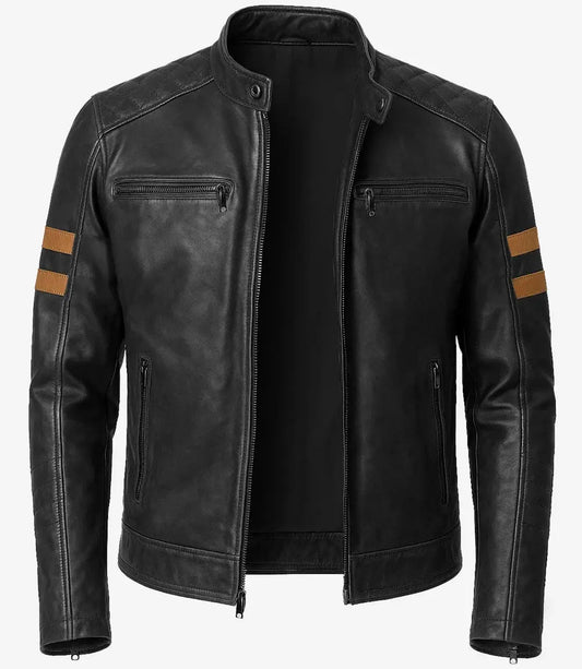 Men’s Black Cafe Racer Leather Jacket with Tan Accent Stripes