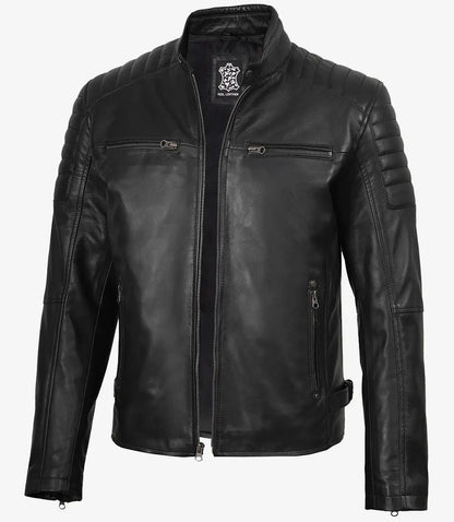 Men's Black Cafe Racer Padded Shoulders Real Leather Jacket