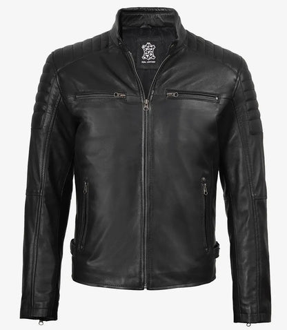 Men's Black Cafe Racer Padded Shoulders Real Leather Jacket