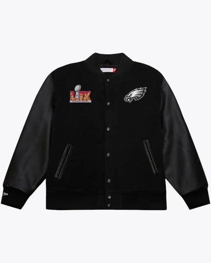 Men’s Black Philadelphia Eagles Super Bowl LIX Champions Full-Snap Varsity Jacket
