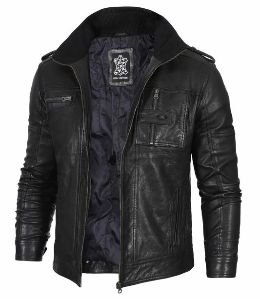 Men's Black Waxed Cafe Racer Leather Jacket