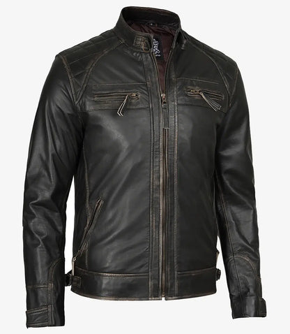 Men's Cafe Racer Distressed Brown Leather Jacket