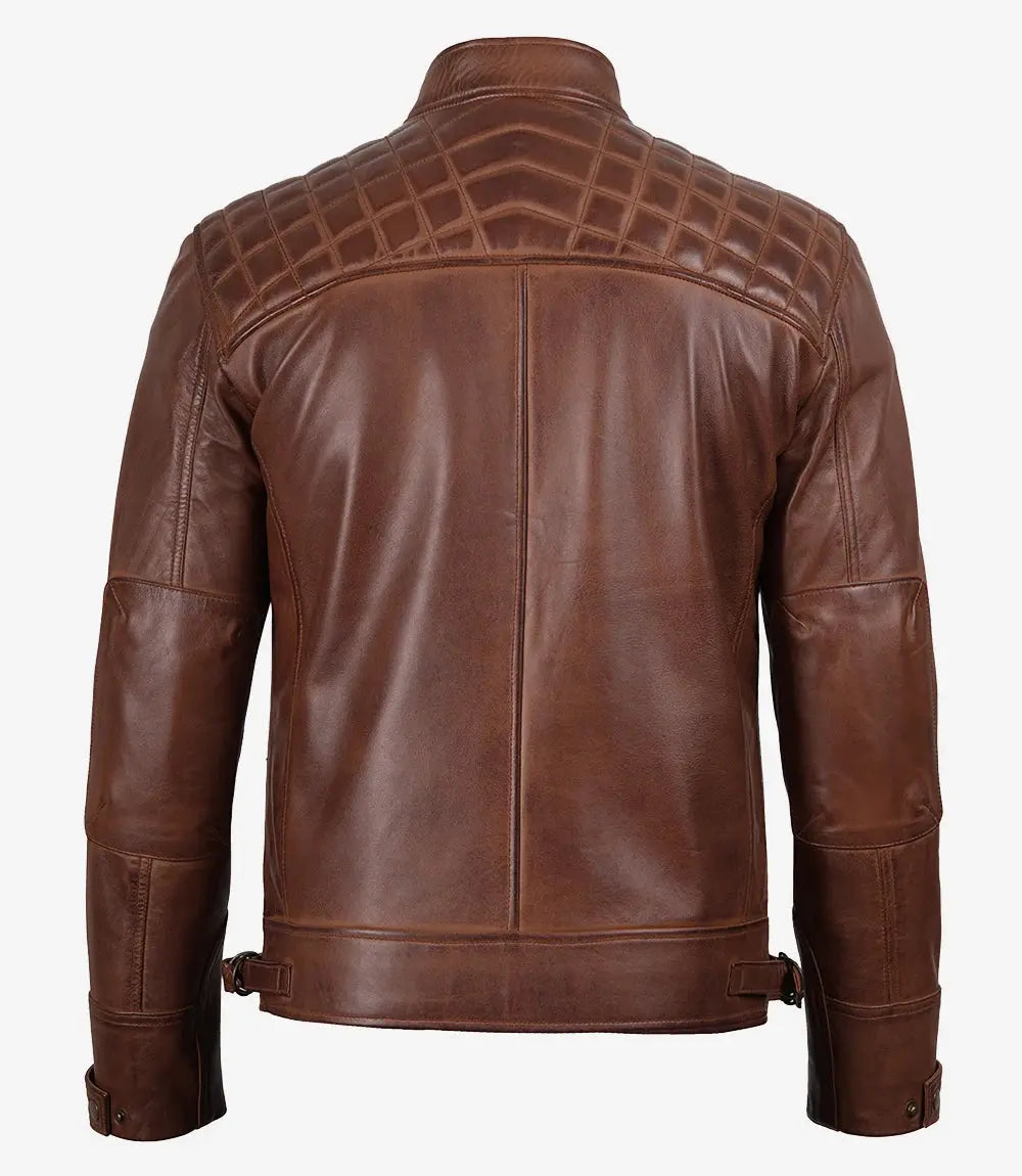 Men’s Cognac Brown Quilted Leather Motorcycle Jacket