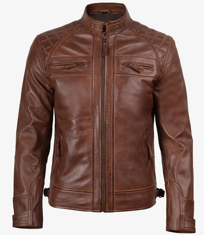 Men’s Cognac Brown Quilted Leather Motorcycle Jacket