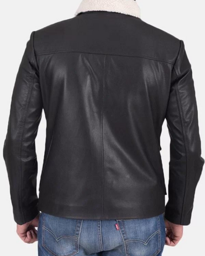 Men’s Flap Pockets Black Leather Jacket