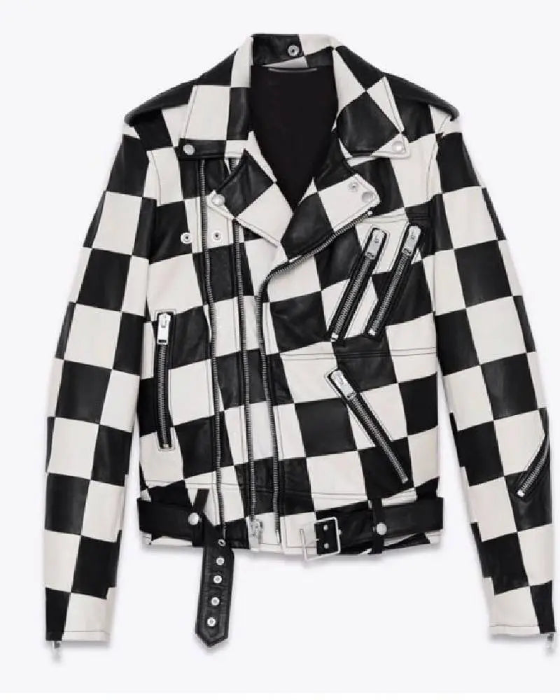 Men’s Motorcycle Checkerboard Leather Jacket