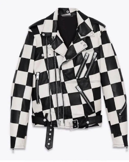 Men’s Motorcycle Checkerboard Leather Jacket