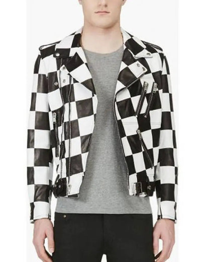 Men’s Motorcycle Checkerboard Leather Jacket