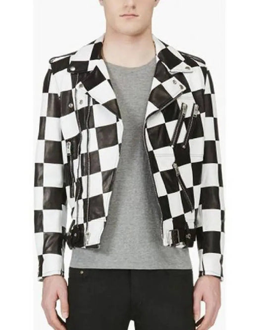 Men’s Motorcycle Checkerboard Leather Jacket