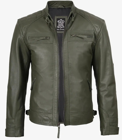Men's Dark Green Real Leather Cafe Racer Biker Jacket