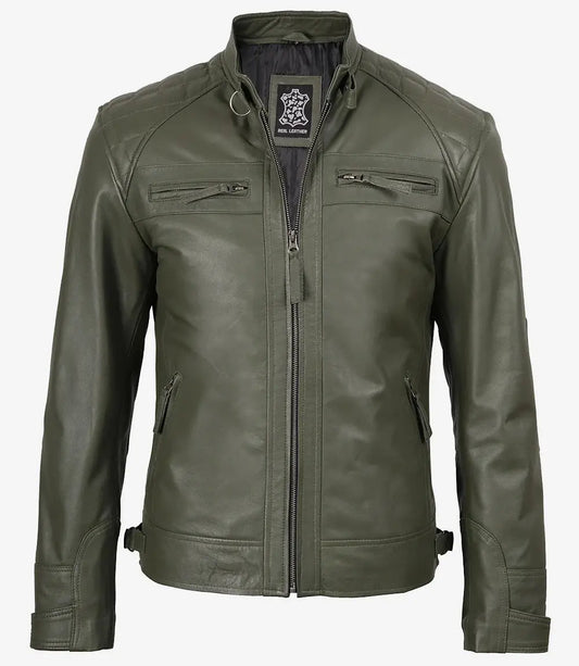 Men's Dark Green Real Leather Cafe Racer Biker Jacket
