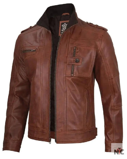 Mens Cognac Brown Leather Biker Jacket