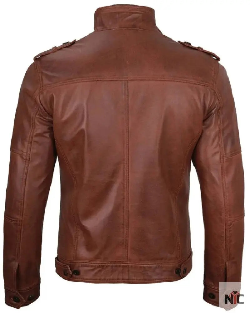 Mens Cognac Brown Leather Biker Jacket