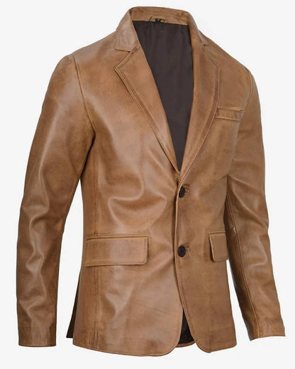 Mens Two Button Camel Brown Leather Blazer