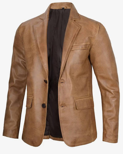 Mens Two Button Camel Brown Leather Blazer