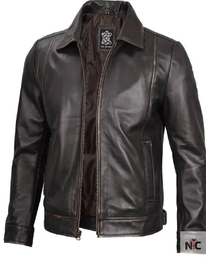 Mens Vintage Leather Rub Off Brown Casual Jacket